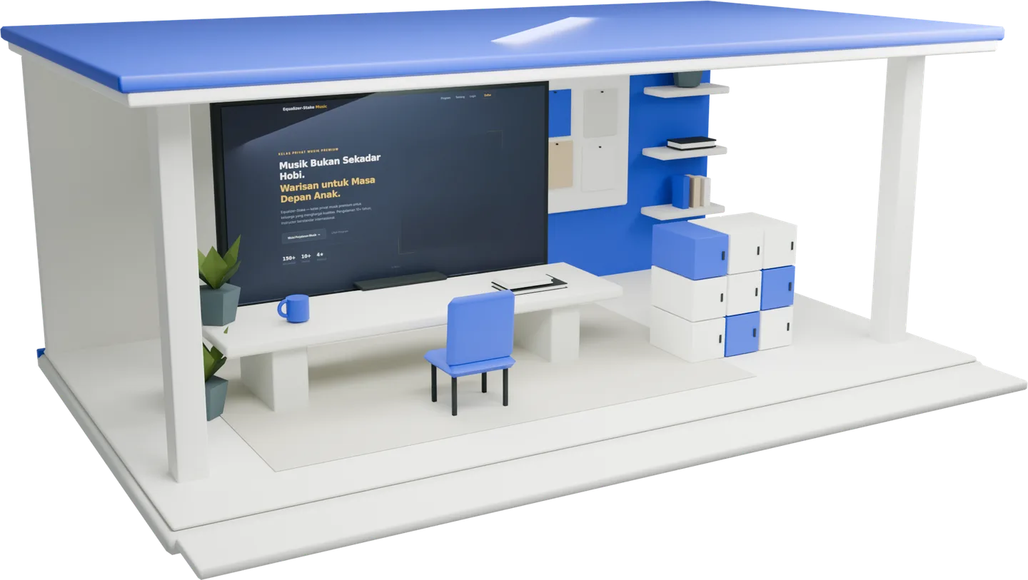 An original studio pavilion with an Equalizer-Stake prototype display, workbench, chair and planning objects.